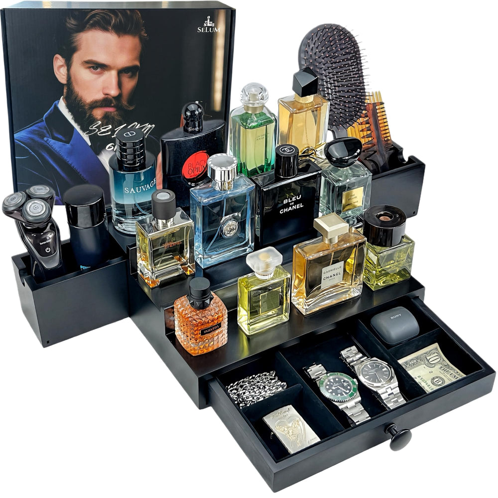 SeLuM Classic three-tier wooden organizer keeps fragrances neatly displayed and accessible.