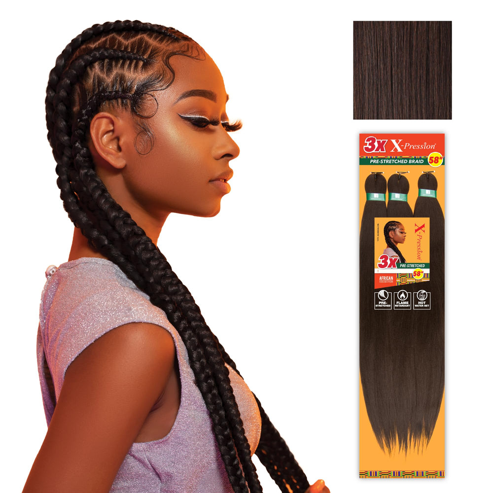 Sensationnel X-pression prestretched braid packaging shows quick protective styles in a 2-pack.