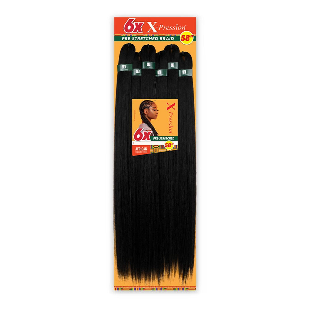 Sensationnel X-PRESSION prestretched braid pack shows 58 inches for quick, uniform box braids.