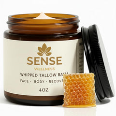 Sense Wellness whipped tallow balm jar demonstrates rich texture for deep facial hydration.