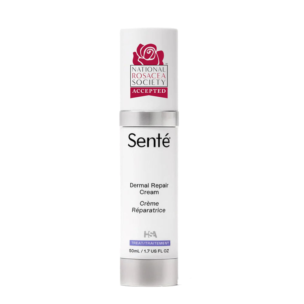 Senté Dermal Repair Facial Cream tube closeup shows hydrating formula for sensitive skin.