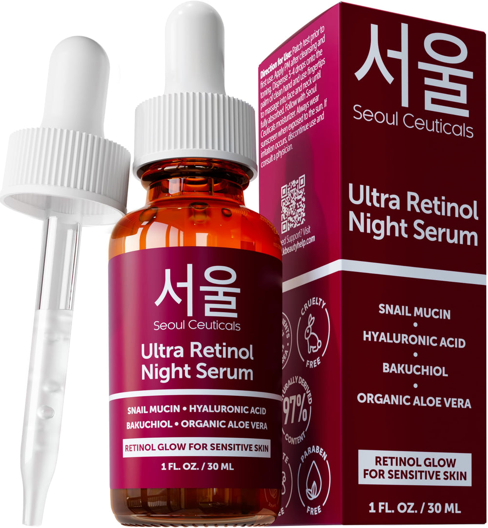 SeoulCeuticals 1percent Retinol Night Serum bottle promotes brightening potential