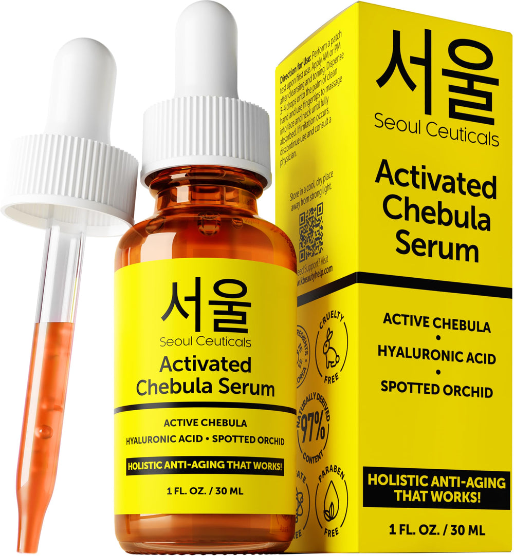 SeoulCeuticals Chebula Active Serum bottle close-up showcasing rich texture for hydration.