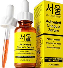 SeoulCeuticals Chebula Active Serum bottle close-up showcasing rich texture for hydration.