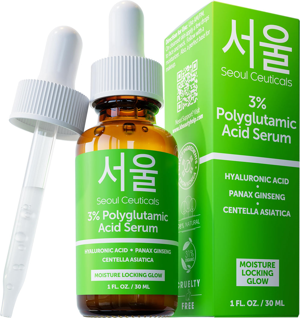 SeoulCeuticals Polyglutamic Acid Serum bottle close-up highlighting moisture retention