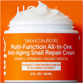 SeoulCeuticals snail mucin moisturizer bottle close-up highlights 97.5% filtrate for healthy-looking skin.