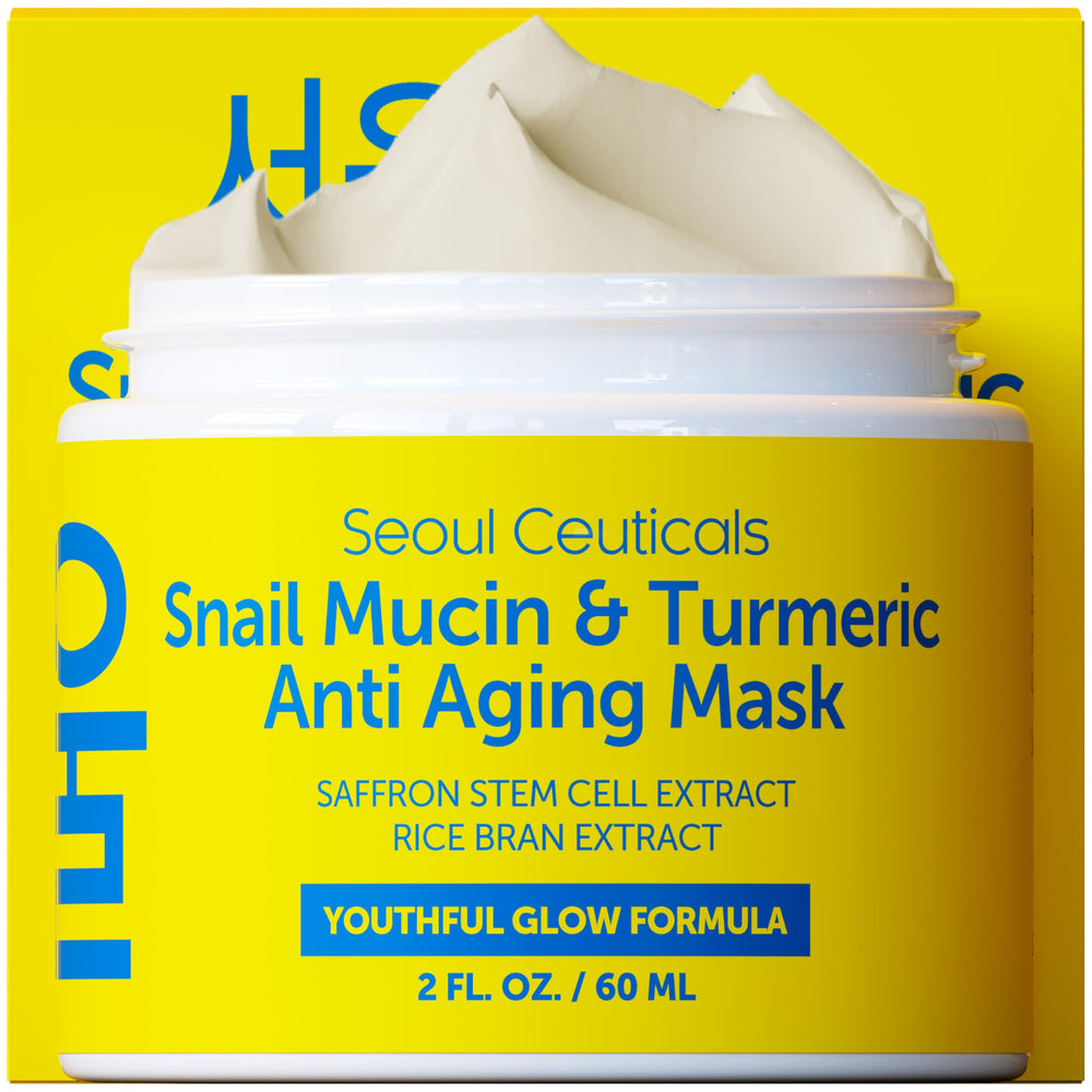 SeoulCeuticals snail mucin turmeric mask jar for hydration and glow.