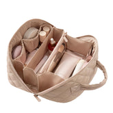SEPSUMMER makeup bag wide-open shows roomy compartments for cosmetics on travel days