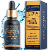 Seraphime Copper Peptide Serum bottle with dropper promoting potential hair density.