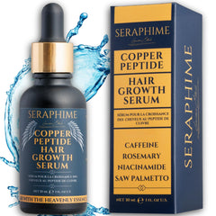 Seraphime Copper Peptide Serum bottle with dropper promoting potential hair density.