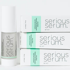 Serious Serum glycolic-lactic-salicylic formula close-up highlights radiant post-shave care.