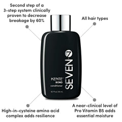 SEVEN KENTE BOND conditioner on a bathroom shelf emphasizes sulfate-free, cruelty-free formula.