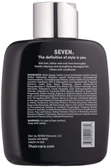 SEVEN KENTE BOND Shampoo bottle back highlights cruelty-free, color-safe details for all hair types.