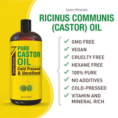 Seven Minerals 32oz castor oil jar emphasizes value and eco-friendly packaging.