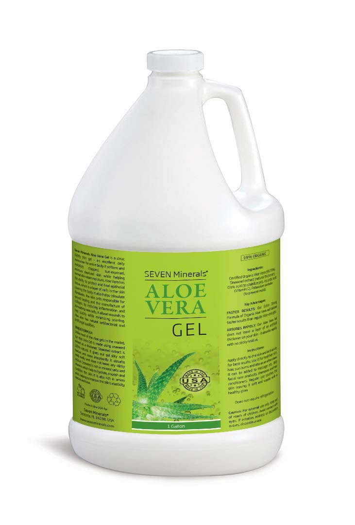 Seven Minerals Aloe Vera Gel bottle closeup for skin hydration and soothing daily use.