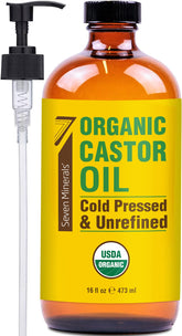 Seven Minerals castor oil amber bottle close-up showing UV protection for purity