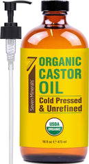 Seven Minerals castor oil amber bottle close-up showing UV protection for purity