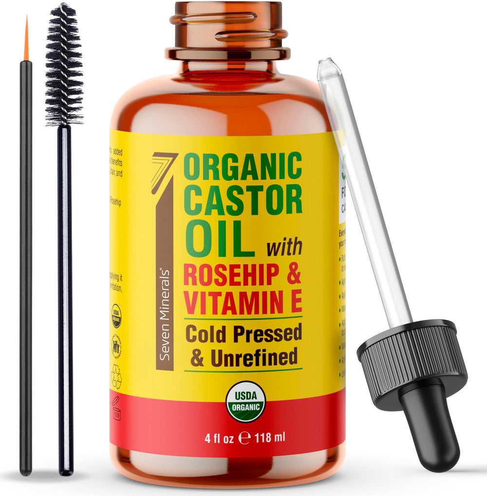 Seven Minerals castor oil bottle closeup for fuller-looking lashes and brows.