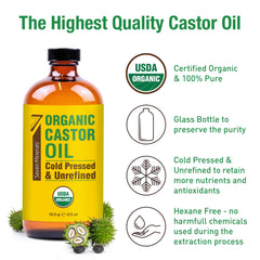 Seven Minerals castor oil bottle highlighting hexane-free processing for safe wellness