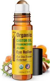Seven Minerals Castor Oil Roll On Eye Roller packshot shows travel-ready skincare.