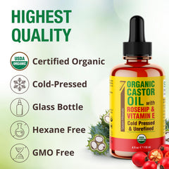 Seven Minerals castor oil with rosehip and vitamin E for radiant skin.
