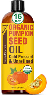 Seven Minerals pumpkin seed oil bottle closeup, hexane-free organic formula for hair nourishment.