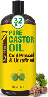 Seven Minerals Pure Castor Oil bottle shows the 32 oz size for hair and skin care.