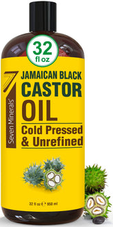 Seven Minerals Jamaican Black Castor Oil 32oz bottle for nourishing hair growth.