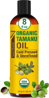 Seven Minerals Tamanu Oil bottle closed, delivering pure organic skin nourishment.