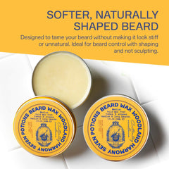 Seven Potions beard wax being applied to the beard for natural, medium-hold shaping.
