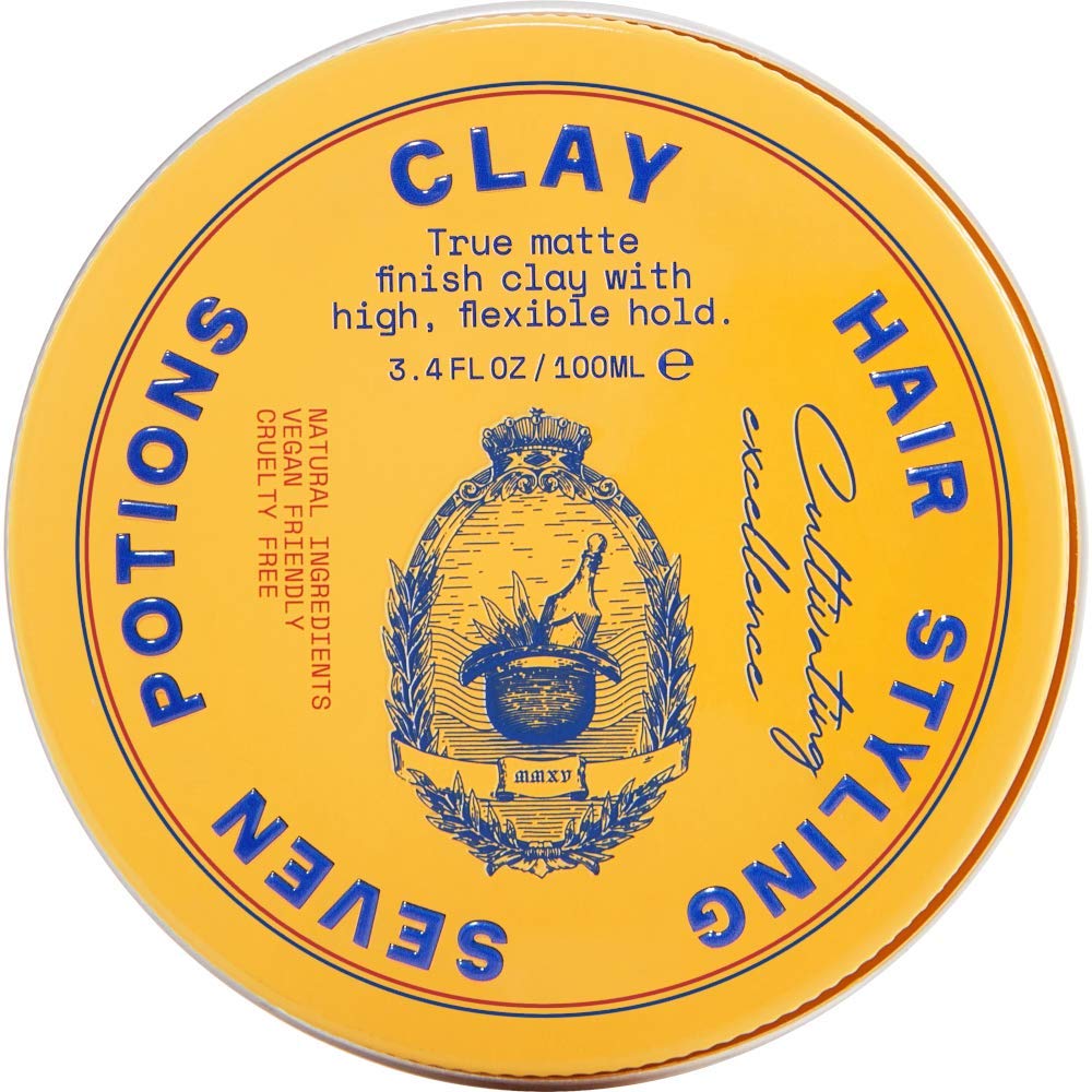 Seven Potions hair clay bottle closeup highlights high hold and matte finish for versatile styling.