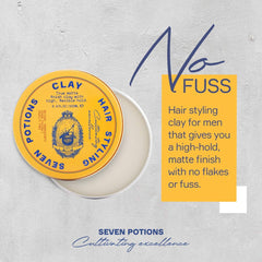 Seven Potions hair clay on damp hair application shows versatile use on wet or dry hair.