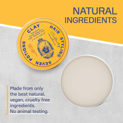 Seven Potions hair clay in hands during restyling demonstrates flexible hold for effortless shaping.