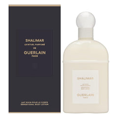 Guerlain Shalimar body lotion bottle for daily hydration and fragrance layering.