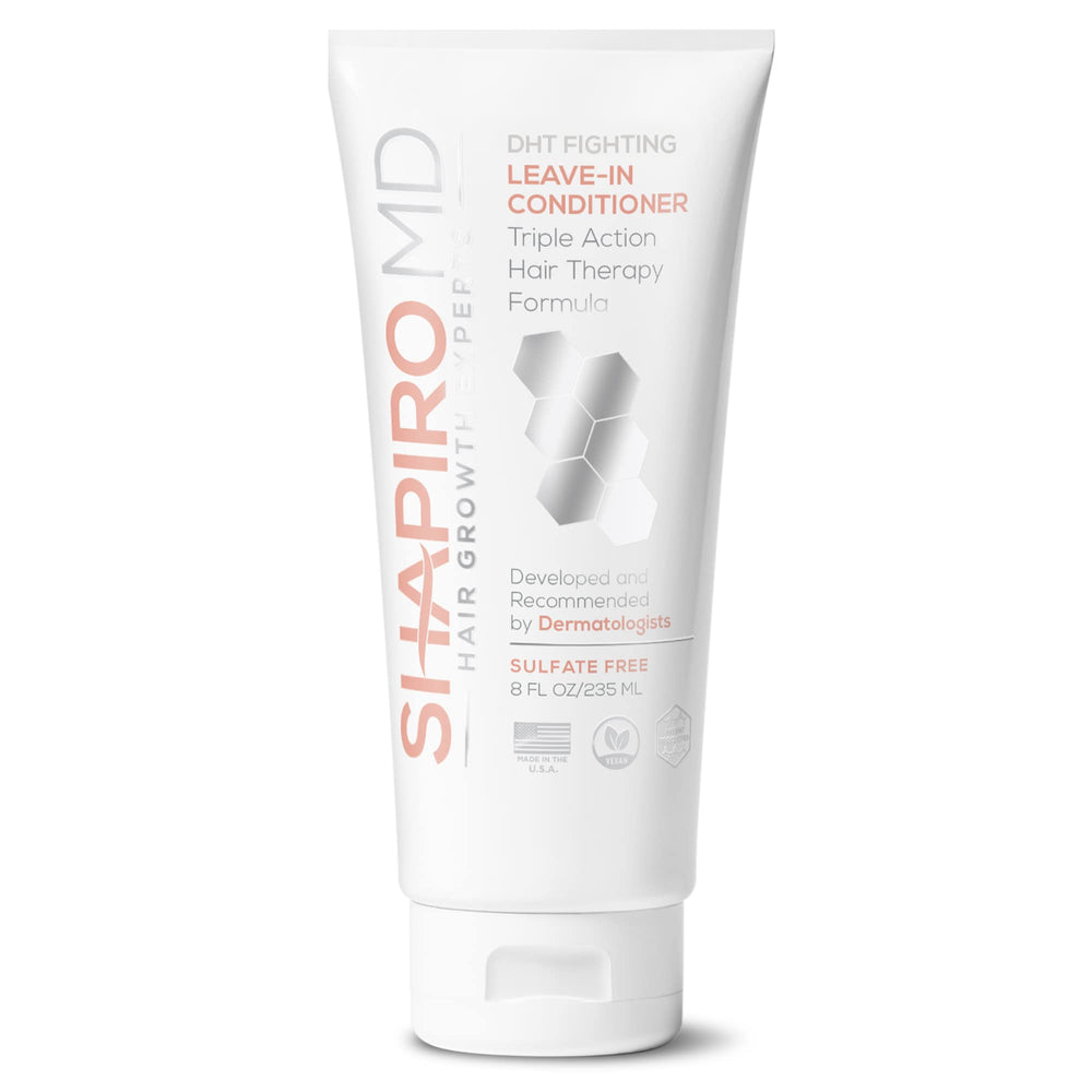 Shapiro MD Leave-in Conditioner bottle close-up highlighting potential thicker hair results