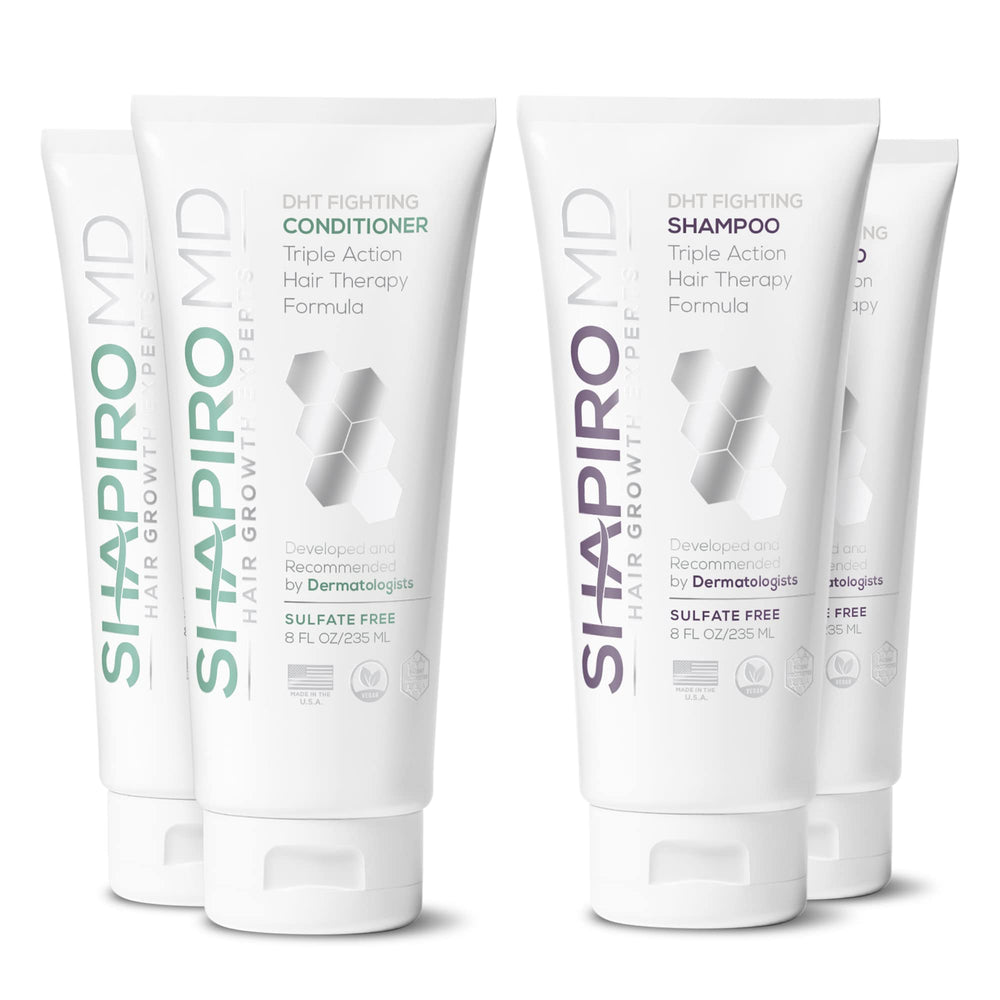 Shapiro MD Hair Growth Experts shampoo bottle closeup highlighting a thicker hair goal.