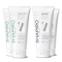 Shapiro MD Hair Growth Experts shampoo bottle closeup highlighting a thicker hair goal.