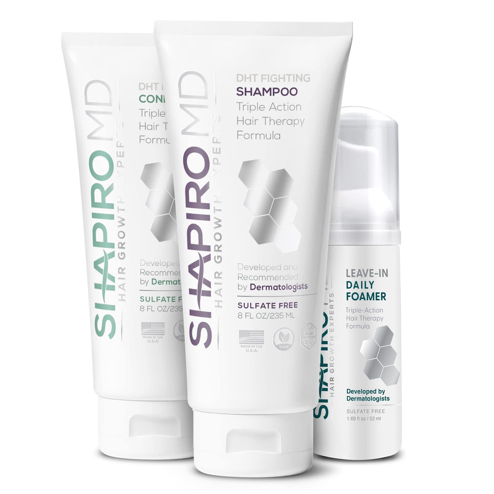 Shapiro MD Natural Hair Kit shampoo bottle close-up showing cleansing formula for thinning hair