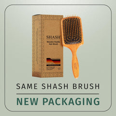 SHASH wooden paddle brush rubber cushion detail supports less pulling during styling.
