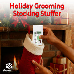 Shavestix travel-size cream on counter highlights mess-free application for on-the-go grooming.