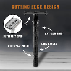 SHAVING REVOLUTION butterfly-open mechanism demonstrated for easy blade swaps.