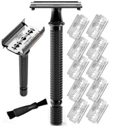 SHAVING REVOLUTION long-handle razor with butterfly open for easy blade loading.