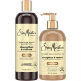 SheaMoisture Jamaican Black Castor Oil clarifying shampoo bottle offers sulfate-free cleansing for color-treated hair.