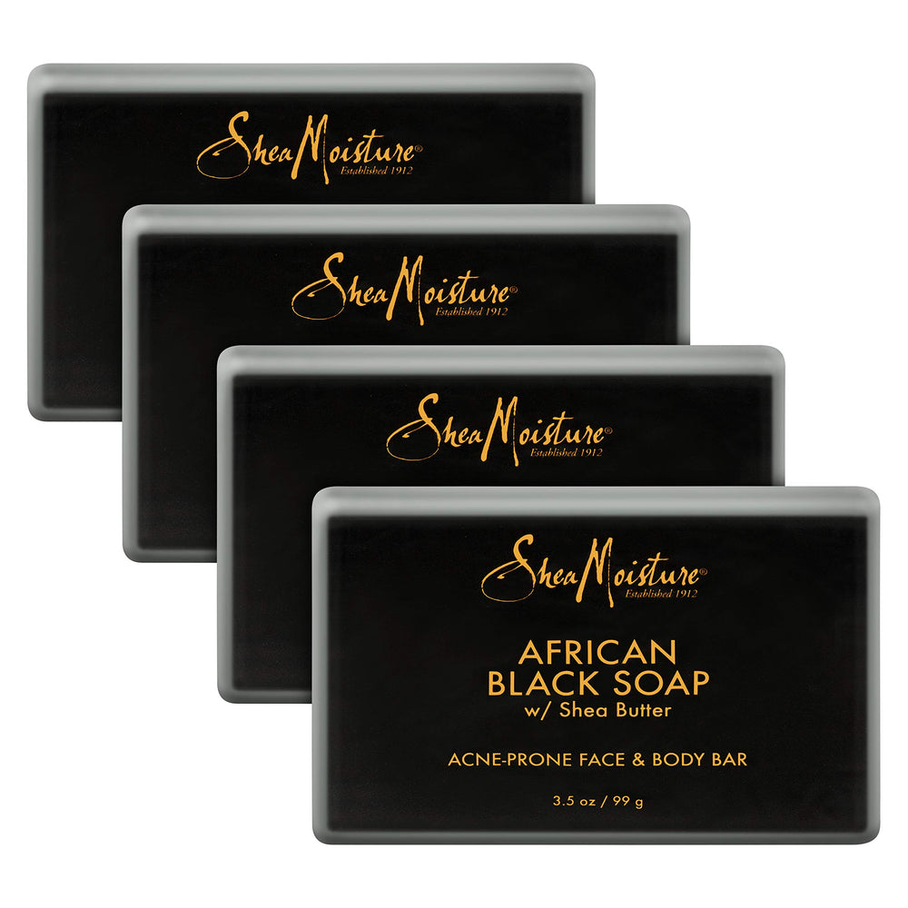 Sheamoisture African Black Soap Bar packaging shows 4-count bundle for daily cleansing.