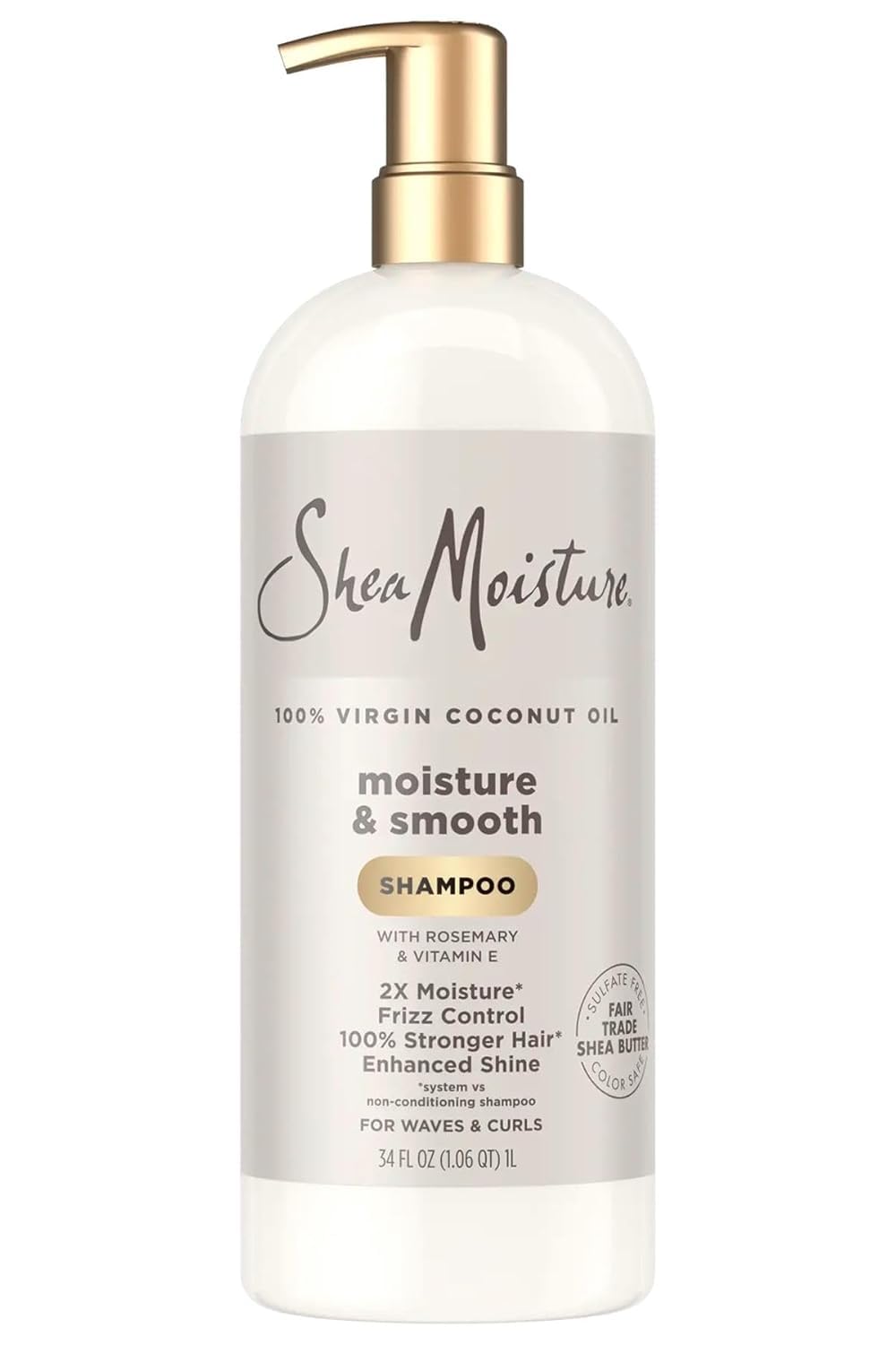 SheaMoisture coconut oil shampoo bottle showing smooth hair and frizz control for waves and curls
