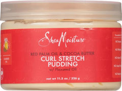 Texture closeup of SheaMoisture Curl Stretch Pudding shows creamy application.