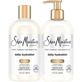 SheaMoisture Daily Hydration shampoo bottle highlights coconut scent for nourished hair.