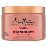 SheaMoisture Glowing Radiance scrub jar shows creamy exfoliation for smoother skin