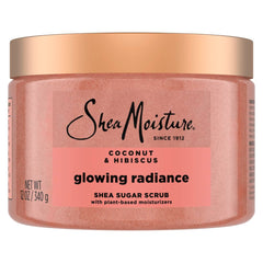 SheaMoisture Glowing Radiance scrub jar shows creamy exfoliation for smoother skin