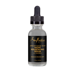 SheaMoisture overnight serum bottle closeup for blemish-prone skin resurfacing potential